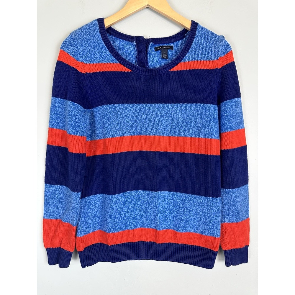 Tommy Hilfiger Women's Preppy Striped Cotton Sweater Blue Red Navy L Mature
